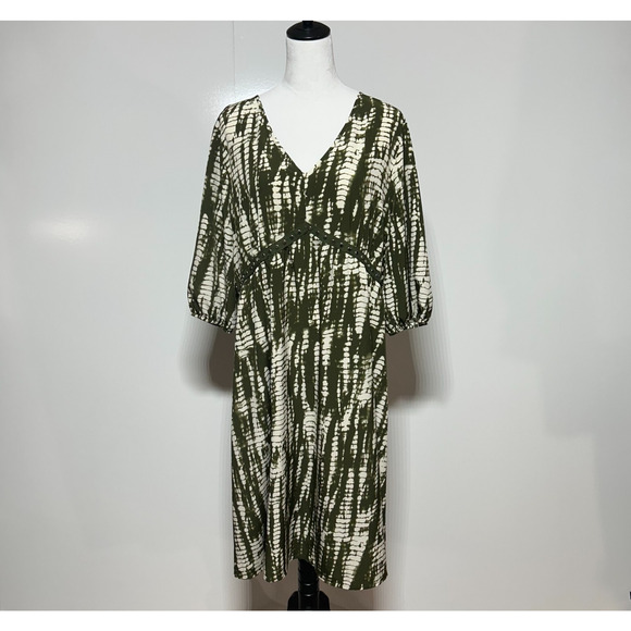 Bloomchic Dress 18-20 Midi Green Cream Abstract Balloon Sleeve V Neck Stretch - Picture 2 of 13